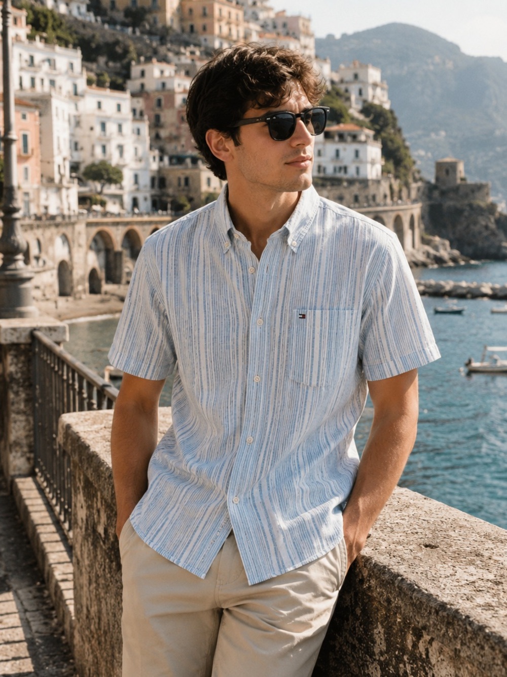 Tommy Hilfiger Linen Cotton Shirt Short Sleeve Striped Light Blue White Size S